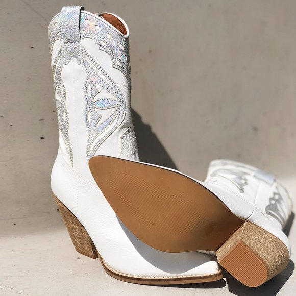White Iridescent Metallic Applique Pointy Toe Block Heel Cowgirl Western Boots - Picture 9 of 15